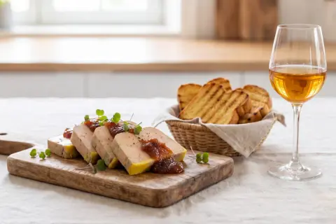 Tranches de foie gras de qualité, garnies de confiture et de pousses vertes, servies avec des toasts grillés et un verre de vin blanc.