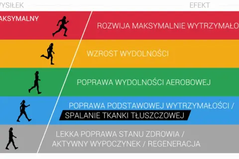 Grafika przedstawia poziomy wysiłku i ich efekty, od bardzo ciężkiego treningu aerobowego rozwijającego wytrzymałość i szybkość, po lekki poprawiający stan zdrowia.