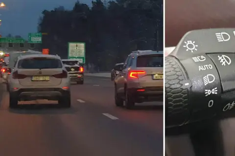 Trafik i mörker visar att man måste ha bakljus på dagen. Bilens strömbrytare visar olika ljuslägen.