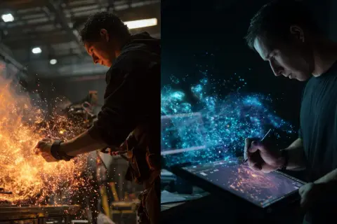 Kowal w ogniu i artysta tworzący cyfrowe efekty wizualne (vfx co to). Dwie strony kreacji.