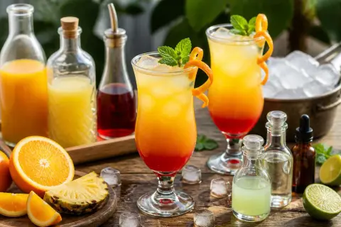 Deux cocktails colorés, parfaits pour un cocktail été, avec des fruits frais et des ingrédients pour les préparer.