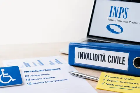 Cartella "Invalidità Civile" con documenti INPS, simbolo disabilità e foglietti per pratiche post-quadrantectomia seno.