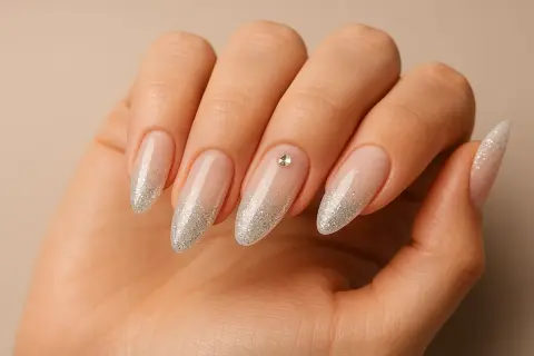 Main d'une femme aux ongles en amande, ornés d'un dégradé de paillettes argentées et d'un petit strass sur l'annulaire.