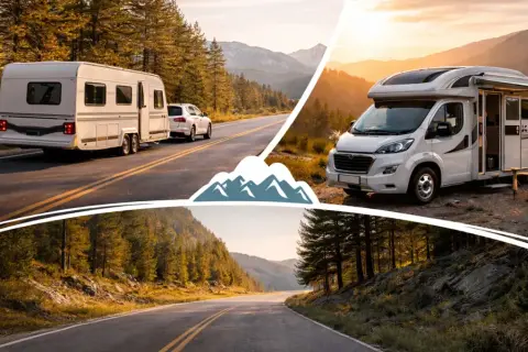 Dos vehículos vivienda, una caravana y una autocaravana, disfrutan de paisajes montañosos al atardecer.