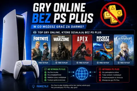 Konsola PS5 z kontrolerem, grafiki gier Fortnite, Warzone, Apex, Rocket League, Genshin Impact i ikony PS Plus z przekreśleniem.