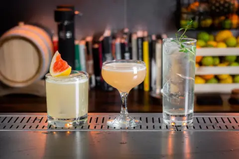 Tre läckra drinkar med gin står uppradade på en bardisk. En med grapefrukt, en i coupeglas och en longdrink med örter.