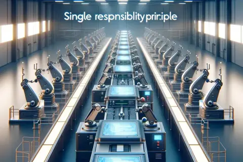 Linia produkcyjna z robotami, gdzie każdy wykonuje jedno zadanie, ilustrując zasadę pojedynczej odpowiedzialności.