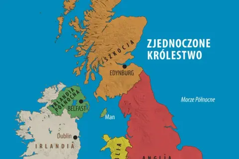Mapa polityczna Wielkiej Brytanii (wyspa) z zaznaczonymi Szkocją, Anglią, Irlandią Północną i Irlandią.