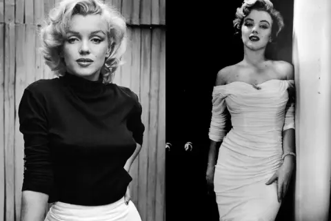 Ikoniczna sylwetka Marilyn Monroe w czarnym golfie i białej spódnicy, obok w białej, dopasowanej sukni.