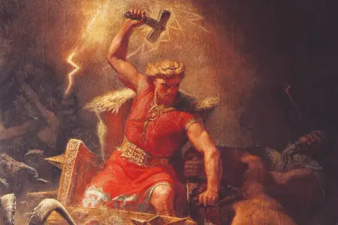 Tordön och blixtar när Tor, en av de mest kända asagudar, svingar sin hammare Mjölner.