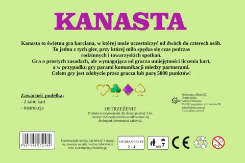 Gra karciana Kanasta to świetna zabawa dla 2-4 osób. W pudełku 2 talie kart i instrukcja. Idealna na rodzinne spotkania.