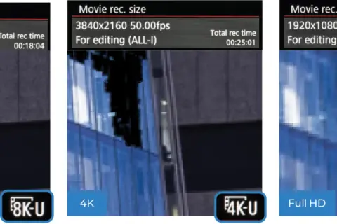 Porównanie nagrań: 8K, 4K i Full HD. Najwyższa rozdzielczość 1080p oferuje najdłuższy czas nagrania.