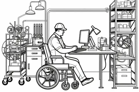 Uomo in sedia a rotelle lavora al computer, in un ambiente che ricorda un laboratorio o un ufficio. Potrebbe essere un esempio di congedo per cure invalidi depressione, dove il lavoro da remoto è una soluzione.
