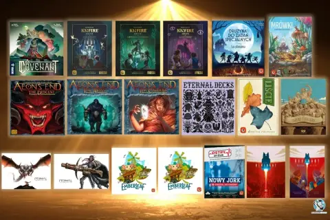 Kolekcja gier planszowych, w tym "Aeon's End", "Kinfire Delve" i "Primal", idealnych do emocjonujących rozgrywek w stylu **gier esportowych**.
