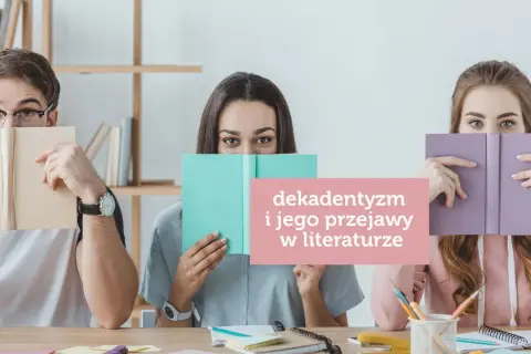 Trzy osoby ukrywają twarze za książkami, symbolizując postawę dekadencką i jej przejawy w literaturze.