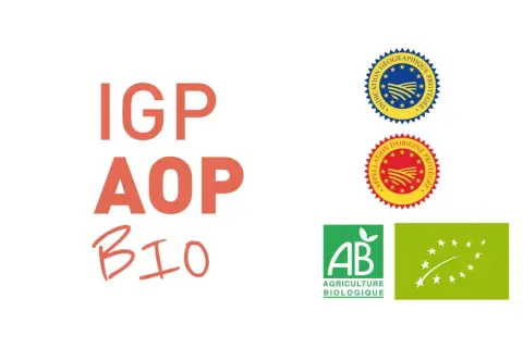 Labels IGP, AOP, BIO, et logos Agriculture Biologique français et européen.