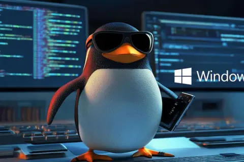 Pingwin w okularach trzyma tablet, a za nim ekrany z kodem i logo Windows 10. To jakby "windows to go" dla pingwinów!