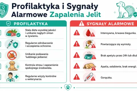 Objawy zapalenia jelit u psa: krwawa biegunka, wymioty, brak apetytu, apatia, gorączka. Profilaktyka: dieta, szczepienia, wizyty u weterynarza.