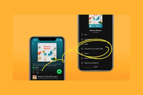 Two phones showing Spotify. One displays a "Nursery Rhymes" playlist. The other shows options to manage Spotify personalized playlists, including "Exclude from your taste profile.