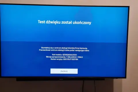 Test dźwięku zakończony na TV Samsung. Jeśli chcesz wyciszyć dźwięk, skontaktuj się z obsługą klienta.