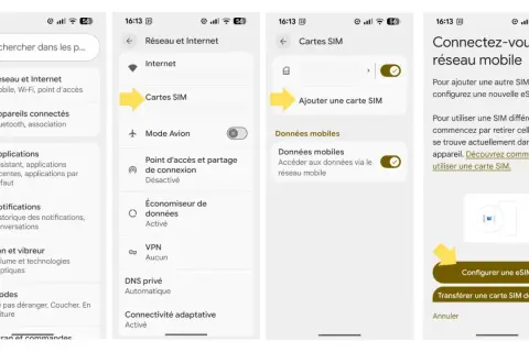 Configuration d'une eSIM sur votre téléphone. L'image montre les étapes pour ajouter une nouvelle carte SIM ou configurer une eSIM.