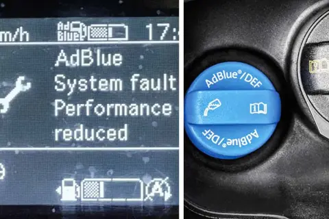 Varning för AdBlue-systemfel på bilens display. Bredvid syns AdBlue-locket, vilket kan ge en hint om hur mycket adblue drar en bil.