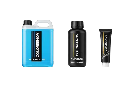 Kit de rénovation pour cuir et skai : nettoyant, recolorant et mastic pour redonner vie à vos articles.