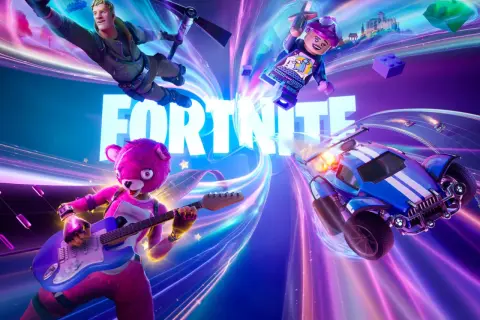 Postacie z Fortnite, w tym Jonesy, robot z klocków i różowy miś grający na gitarze, w dynamicznej scenerii. Graj w Fortnite przez Xbox Cloud Gaming!