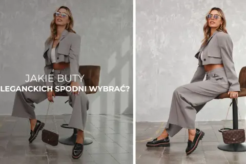 Eleganckie buty damskie do szerokich spodni. Stylowa kobieta w szarym garniturze i czarnych mokasynach.