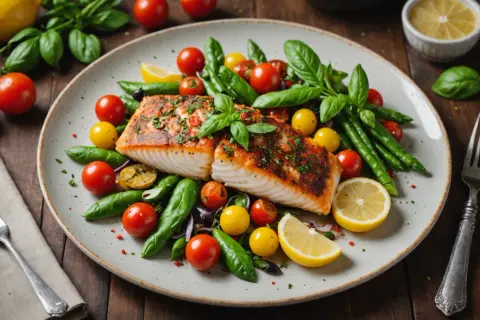 Un délicieux filet de lingue grillé, garni d'herbes fraîches, servi avec des tomates cerises, des haricots verts et des quartiers de citron.