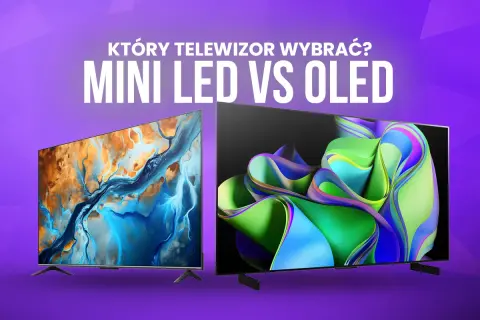 Dwa telewizory, jeden z abstrakcyjnym obrazem w odcieniach niebieskiego i pomarańczowego, drugi z kolorową falą. Który wybrać: Mini LED czy OLED?