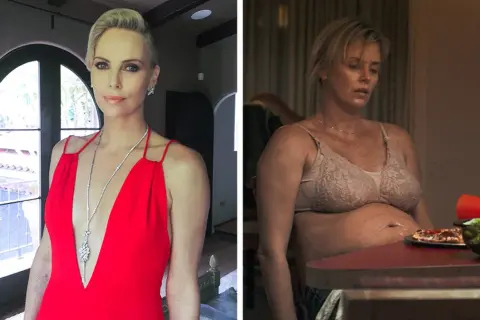 Charlize Theron w czerwonej sukni i w innej, przytyła do roli.