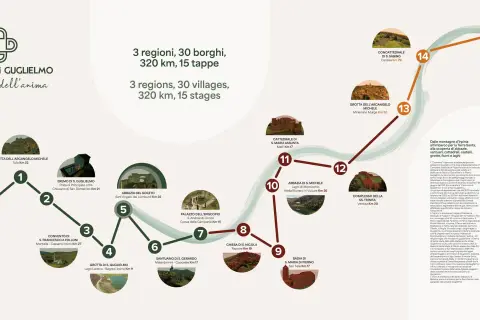 Mappa del Cammino di Guglielmo: 3 regioni, 30 borghi, 320 km. Tappe con abbazie, grotte e chiese, tra cui tre leoni stilizzati nel logo.