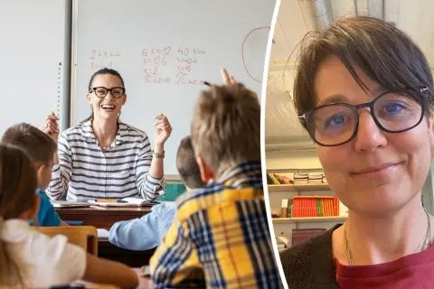 Glad lärare skrattar med eleverna i klassrummet. Ingen behöver ha tråkigt när undervisningen är så här rolig!