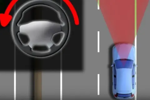 Sistema de aviso de salida de carril. El coche azul se desvía de su carril, activando una alerta roja.
