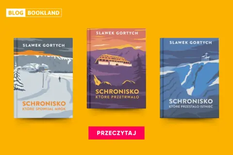 Trzy okładki książek Sławka Gortycha z serii "Schronisko". Każda przedstawia inne schronisko w górach, w różnych sceneriach.