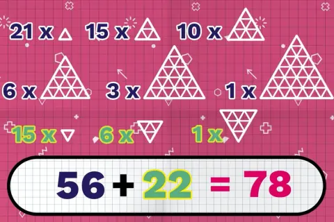 Zagadka o trójkącie: 21x△, 15x△, 10x△, 6x△, 3x△, 1x△, 15x▽, 6x▽, 1x▽. Wynik: 56+22=78.