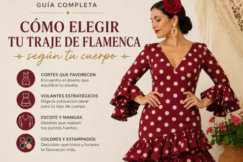 Guía para elegir los tipos de vestidos de flamenca perfectos según tu cuerpo, con consejos sobre cortes, volantes, escote, mangas y estampados.