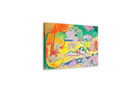 Obraz "Radość życia" Henri Matisse'a ukazuje barwną, idylliczną scenę z nagimi postaciami w otoczeniu natury.