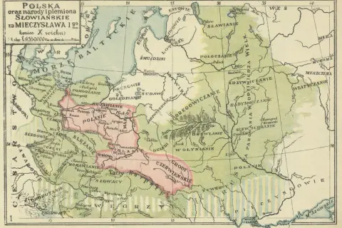 Mapa z X wieku: Polska i Słowianie za Mieszka I. Widać tu ziemie Polan, Mazowszan, Ślężan, Czechów, Morawian, Słowaków, Węgrów, a także inne plemiona.