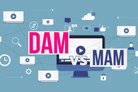 Digital asset management (DAM) vs. media asset management (MAM). The image shows a network of video players and icons, illustrating the comparison.
