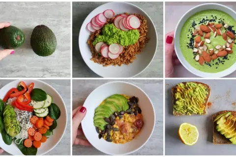 Inspiracje na śniadanie z awokado: pasta, zupa, sałatka, jajecznica i tosty.