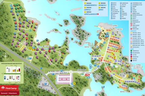 Karta över First Camp Gunnarsö, Oskarshamn, med stugor, campingplatser och servicehus.