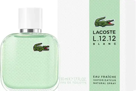 Perfumy Lacoste L.12.12 Blanc w białym, teksturowanym flakonie z zielonym krokodylem. Idealne na lato.