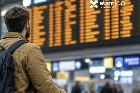 Mężczyzna z plecakiem patrzy na tablicę odlotów, planując swoją umowę zlecenie w Niemczech.