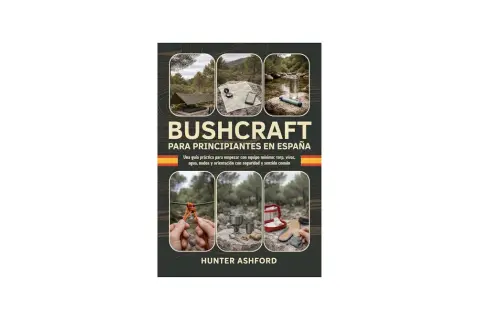 Guía de buscraft para principiantes en España. Muestra equipo esencial: tarp, mapa, brújula, cantimplora, kit de nudos y botiquín.