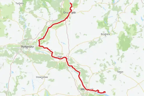 Mapa z zaznaczoną na czerwono wiślaną trasą rowerową, biegnącą od Grudziądza przez Toruń i Włocławek aż do Płocka.