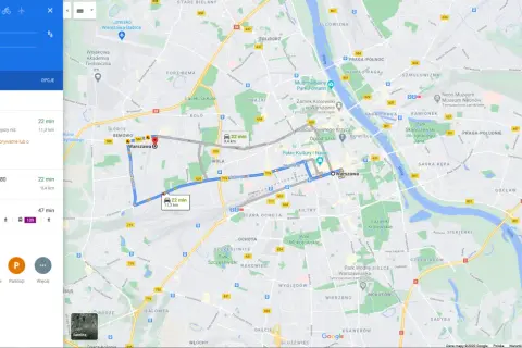 Trasa z Warszawy do Urychłów na mapie. Widoczne punkty na mapie wskazują drogę.