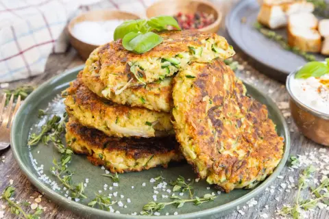 Goldbraune Zucchinipuffer mit Haferflocken, garniert mit Basilikum, auf einem Teller mit Kräutern und grobem Salz.