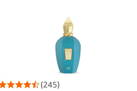 Elegancka, turkusowa butelka perfum Xerjoff Erba Pura ze złotym korkiem i ozdobnym logo.